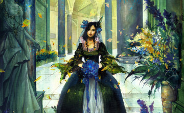 Картинка фэнтези девушки девушка платье цветы дворец статуя колонны