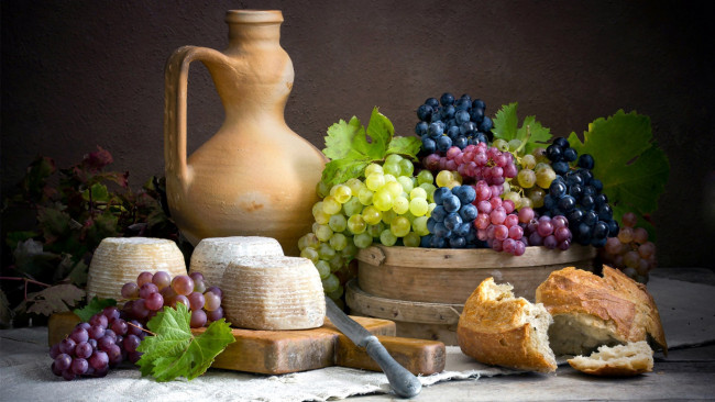 Обои картинки фото еда, разное, сыр, виноград, хлеб