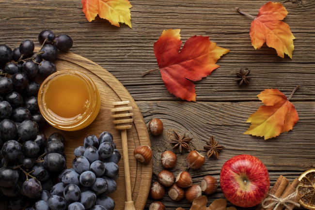 Обои картинки фото еда, разное, виноград, мед, орехи, корица, анис