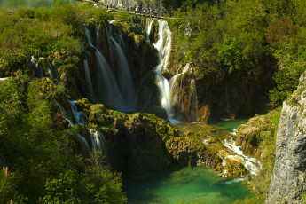 обоя плитвицкие, озёра, хорватия, природа, водопады, мостик, вода, зелень