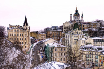Картинка андреевский спуск киев украина города дорога церковь зима дома