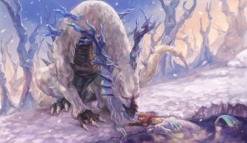 Картинка аниме angels demons дракон эльф озеро снег лес белый рога хвост