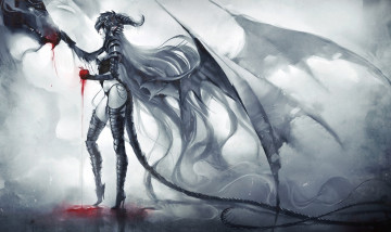 Картинка фэнтези демоны яблоко девушка дракон кровь арт черно-белое красное yue wang волосы рога хвост крылья