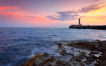 Картинка природа маяки мол закат камни море маяк колония сант+джоди скалистый+берег остров+майорка испания автор сlaudio+testa