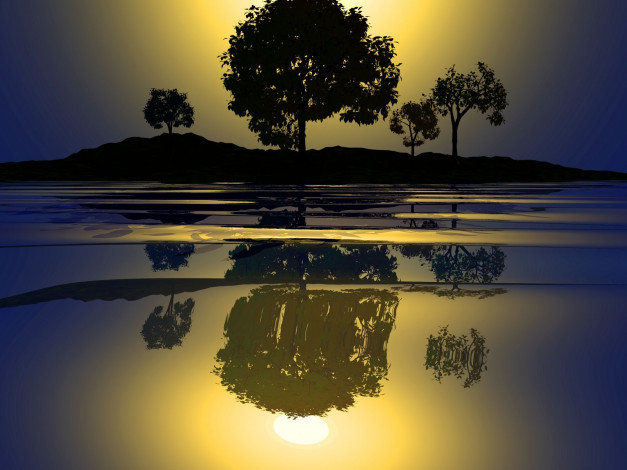 Обои картинки фото 3д, графика, nature, landscape, природа, вечер, закат, деревья, вода