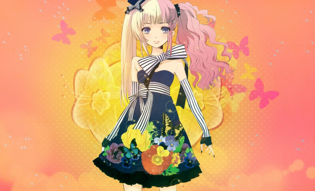 Обои картинки фото аниме, *unknown, другое, бабочки, девушка, платье, узоры, цветы
