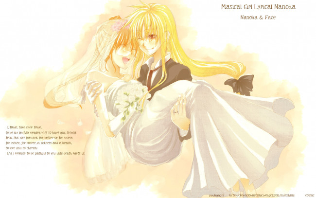 Обои картинки фото аниме, mahou, shoujo, lyrical, nanoha, пара, свадебное, платье, невеста, жених, свадьба, улыбаются