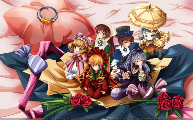 Обои картинки фото аниме, rozen, maiden, девушки, зонтик, цветы