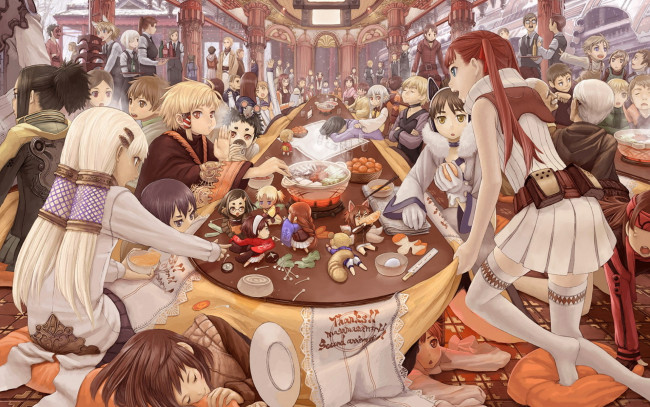 Обои картинки фото аниме, *unknown, другое, парни, девушки, праздник, блюда, торжество, стол