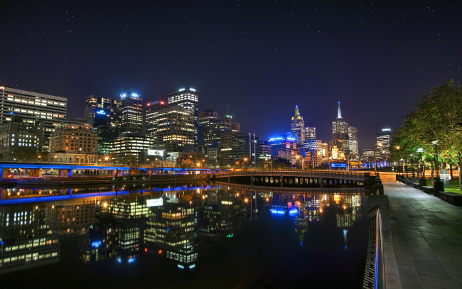 Обои картинки фото melbourne, australia, города, огни, ночного, набережная, мельбурн, мост