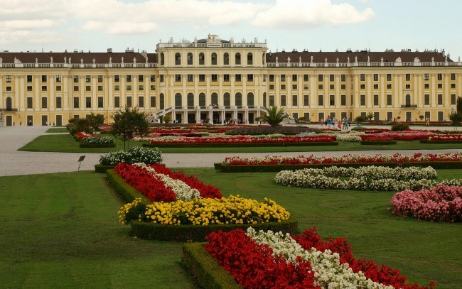 Обои картинки фото schlo&, 223, sch&, 246, nbrunn, австрия, города, дворцы, замки, крепости, цветы, клумбы, дворец