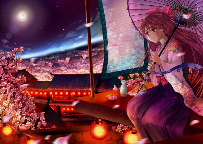 Обои картинки фото аниме, *unknown, другое, ночь, крыша, зонт, сакура, цветы, девушка