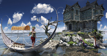 Картинка 3д графика fantasy фантазия море лодка изба девушка