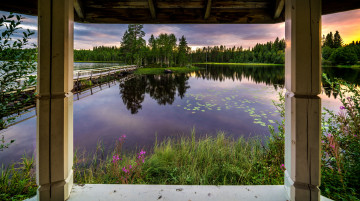 Картинка природа реки озера лес озеро мост зарево