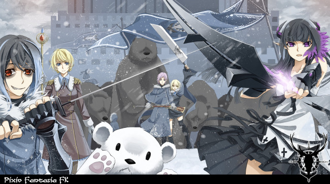 Обои картинки фото аниме, pixiv fantasia, зима, парни, снег, снегопад, оружие, флаги, животные, медведи, девушки, снежинки, арт, cross, akiha, fantasia, pixiv