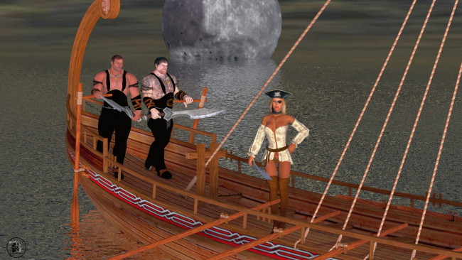 Обои картинки фото 3д графика, фантазия , fantasy, пираты, корабль, мужчины, взгляд, оружие, море, девушка