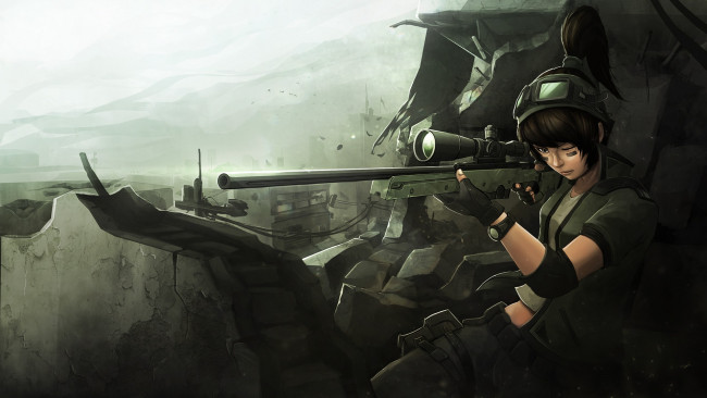 Обои картинки фото аниме, оружие,  техника,  технологии, art, руины, солдат, снайпер, девушка