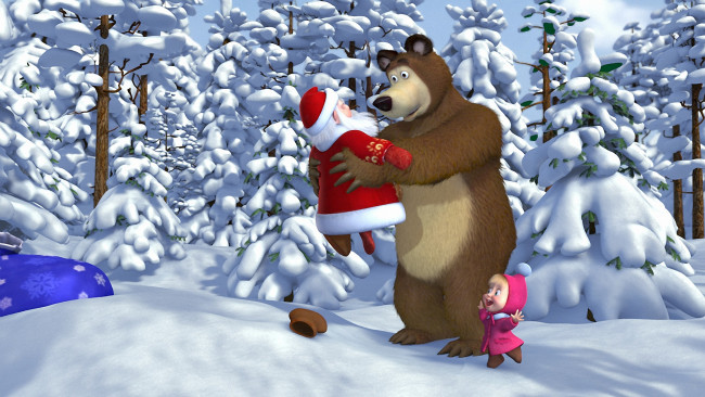 Обои картинки фото мультфильмы, маша и медведь, ели, снег, санта, клаус, медведь, маша