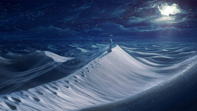 Обои картинки фото рисованное, живопись, луна, облака, небо, снег, дюны, следы, девушка, платье