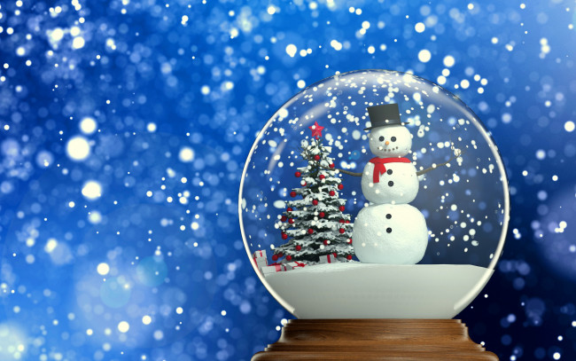 Обои картинки фото праздничные, 3д графика , новый год, winter, new, year, globe, cristmas, снег, шар, snow, рождество, снеговик, елка, новый, год