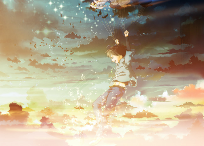 Обои картинки фото аниме, unknown,  другое, нити, облака, закат, небо, полет, радость, птицы, парень, fusui, арт