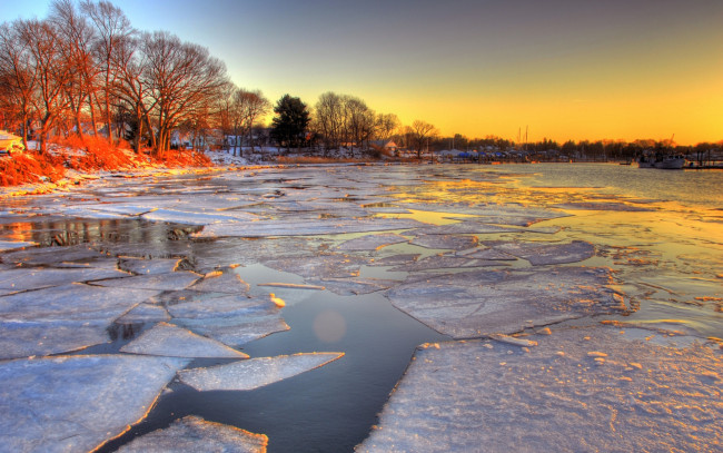Обои картинки фото природа, реки, озера, река, закат, лед, ледоход