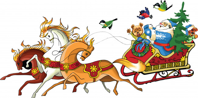 Обои картинки фото праздничные, векторная графика , новый год, санта, клаус, тройка, лошади