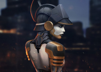Картинка фэнтези роботы +киборги +механизмы спина девушка взгляд cyberpunk профиль арт