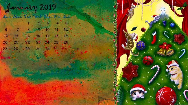 Обои картинки фото календари, праздники,  салюты, елка, колокольчик, шар, игрушка, кошка