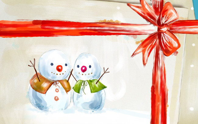 Обои картинки фото праздничные, снеговики, лента, бант