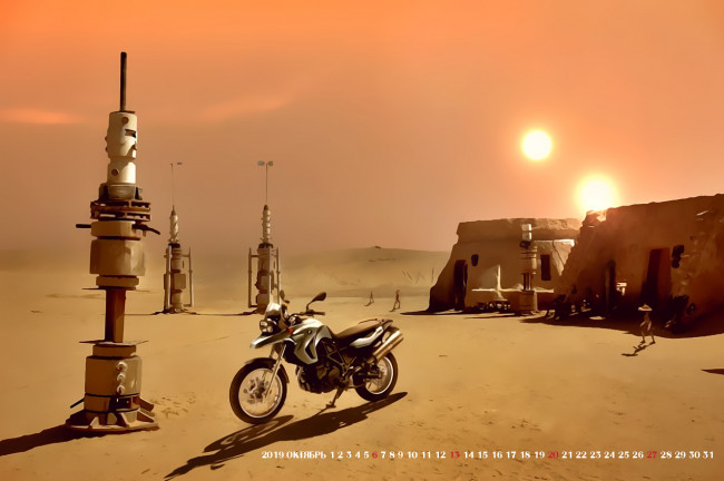 Обои картинки фото календари, фэнтези, планета, мотоцикл, сооружение, здание, солнце, пустыня, calendar, 2019