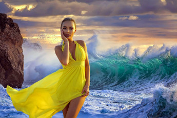 Картинка девушки -+блондинки +светловолосые волны скала желтое платье