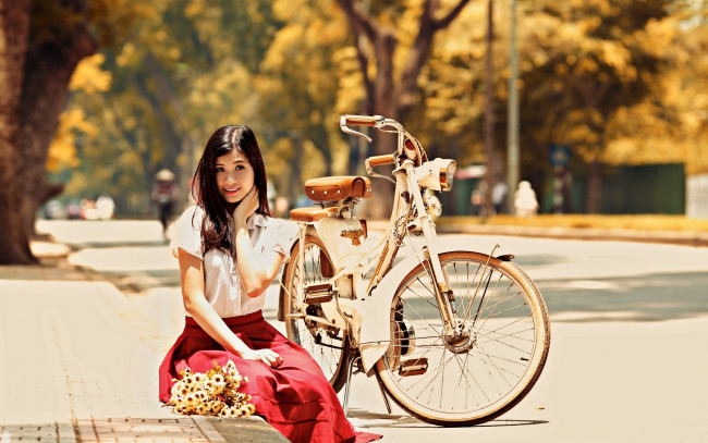 Обои картинки фото девушки, - азиатки, велосипед