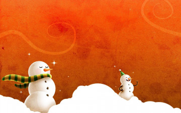обоя рисованное, - другое, снеговики, шарф, снег