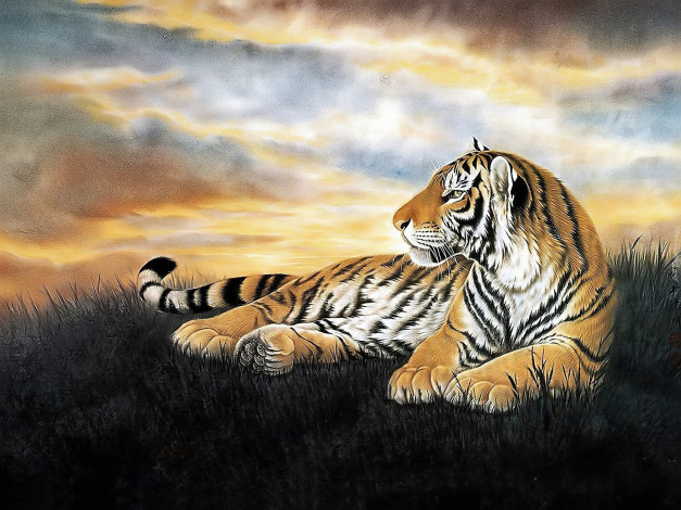 Обои картинки фото рисованное, животные,  тигры, тигр, трава, облака