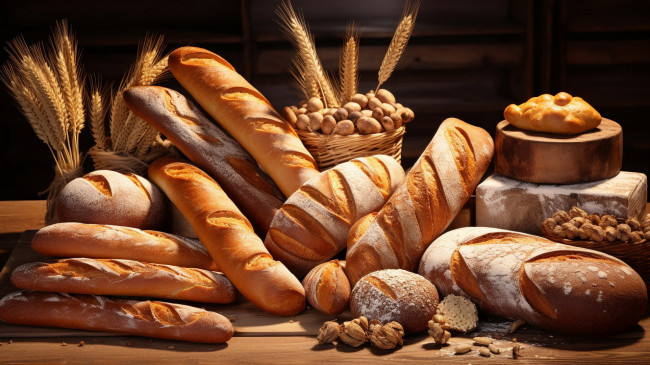Обои картинки фото еда, хлеб,  выпечка, колосья, батоны, булочки