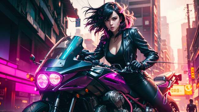 Обои картинки фото фэнтези, девушки, девушка, мотоцикл, neon, cyberpunk, scifi, artist, artwork, digital, art