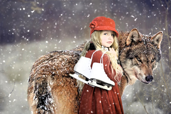 Обои картинки фото разное, дети, девочка, коньки, волк, снег