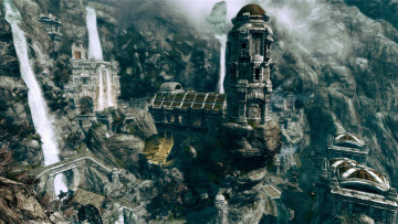 Картинка skyrim видео игры the elder scrolls скалы водопады дома