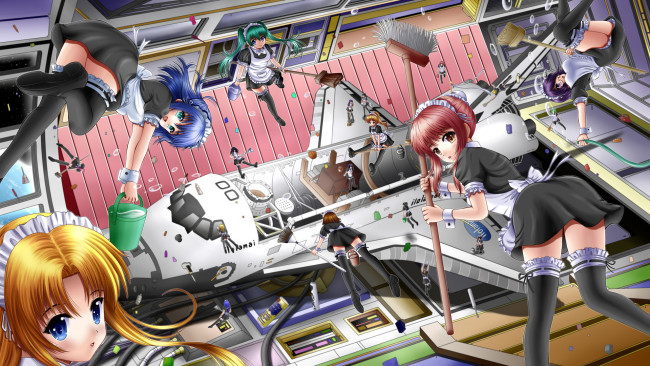 Обои картинки фото аниме, weapon, blood, technology, ilolamai, девушки, горничные, уборка, шаттл