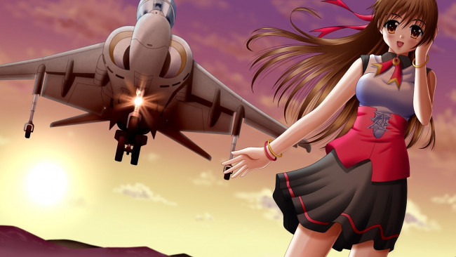 Обои картинки фото аниме, weapon, blood, technology, самолет, истребитель, ветер, девушка