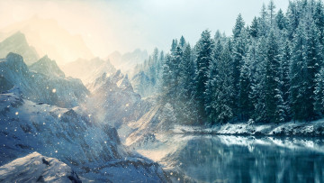 Картинка зимняя сказка природа зима снег вода лес горы фотомонтаж