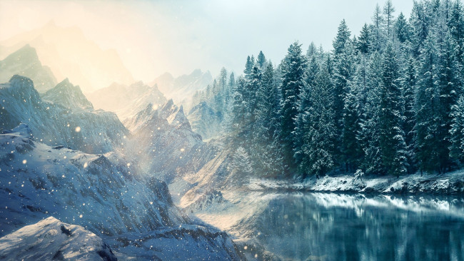 Обои картинки фото зимняя, сказка, природа, зима, снег, вода, лес, горы, фотомонтаж