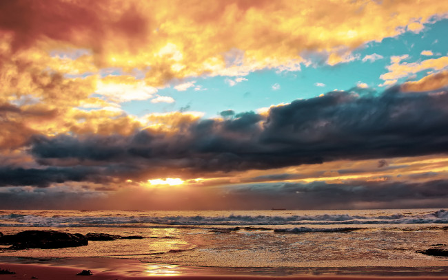 Обои картинки фото природа, восходы, закаты, море, волны, облака, закат