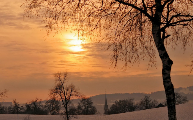 Обои картинки фото природа, зима, тучи, солнце, вечер