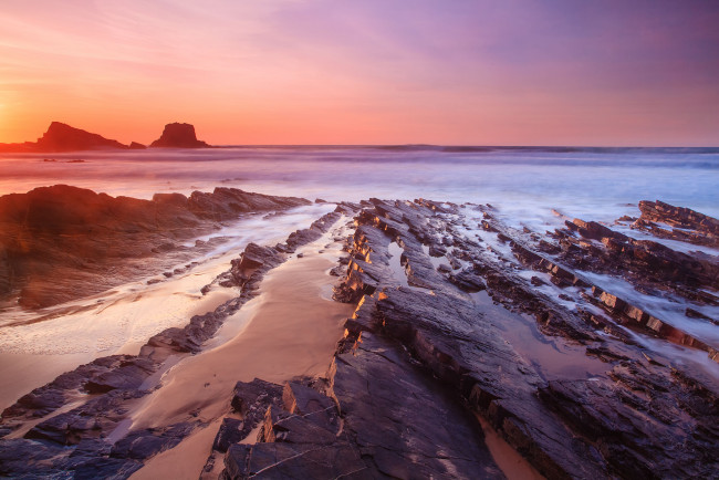 Обои картинки фото природа, побережье, скалы, море, закат, камни