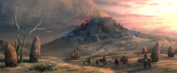 Картинка фэнтези всадники +наездники караван вулкан гора камни динозавры