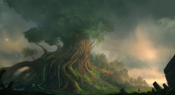 Картинка фэнтези пейзажи огромное дерево ветви крона звезды