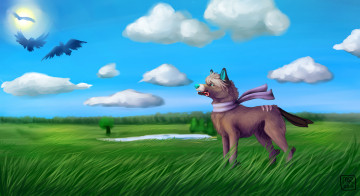 Картинка рисованные животные +сказочные +мифические поле собака