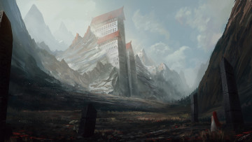 Картинка фэнтези замки девушка обелиски равнина горы здания